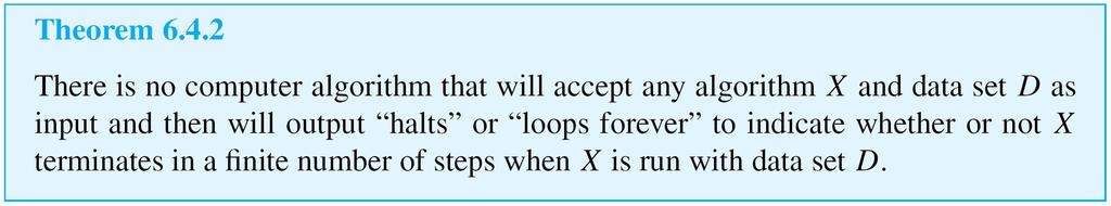 The Halting Problem In other words, can an algorithm be written that will accept any algorithm X and any data set D as input and will then print halts or loops forever to