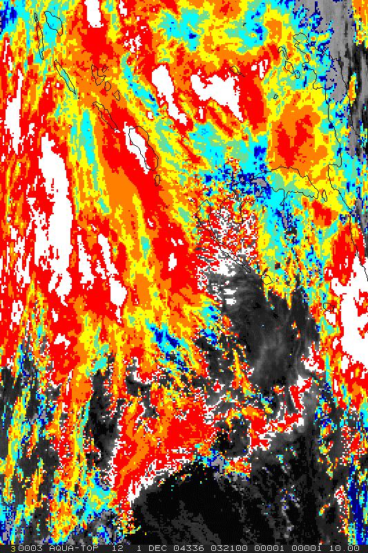 2 Study Case 2 Tropical Area A tropical granule is also studied; Figure 7 shows the Aqua/MODIS 11μm image (left, most clouds have very high tops), high CTP retrieved using original SRF (middle) and