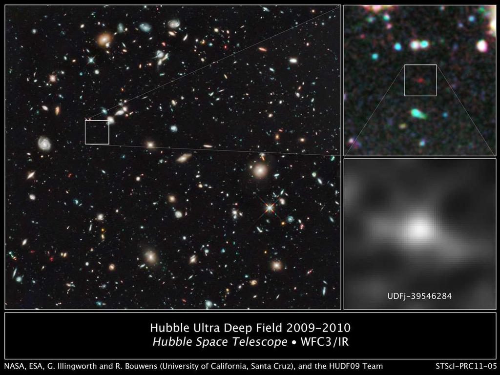 These images zoom into the Hubble telescope's HUDF WFC3/IR image around the galaxy UDFj-39546284, which scientists