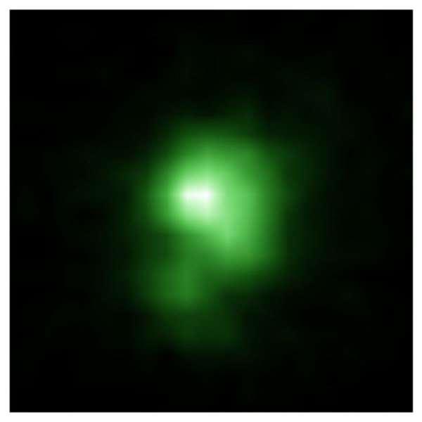 This is a Hubble Space Telescope image of the compact green pea galaxy J0925.