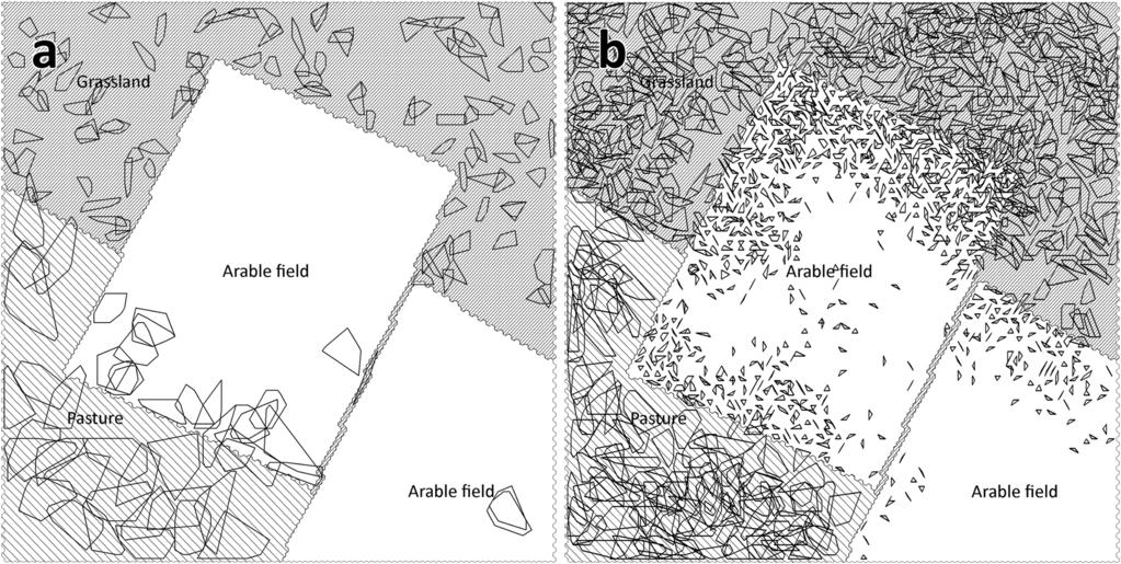 Validation and Realism of Population Models Integr Environ Assess Manag 9, 2013 303 Figure 3. Spatial distribution of home ranges in a mixed habitat (25 ha) in spring (A) and summer (B).
