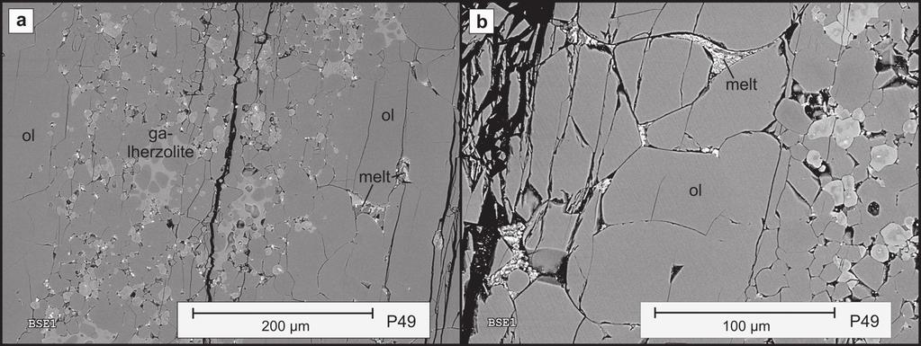 RESEARCH G) Experiment C2836 (O18) HZ2 lherzolite composition at 2.4 GPa, 960 C, 14.5 wt.% H 2 O. Euhedral olivine crystals with fragmented thin films of silica-rich glass (secondary electron image).