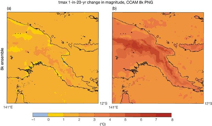 Changes in the 1-in-20-year daily maximum air temperature for Papua New Guinea are shown in Figure 7.15.