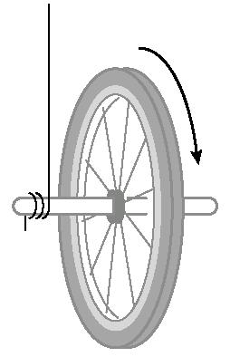 This is a demo, not a homework problem! A bicycle wheel is set spinning as shown. A string is tied to one end of the axle, and someone is holding up the string.
