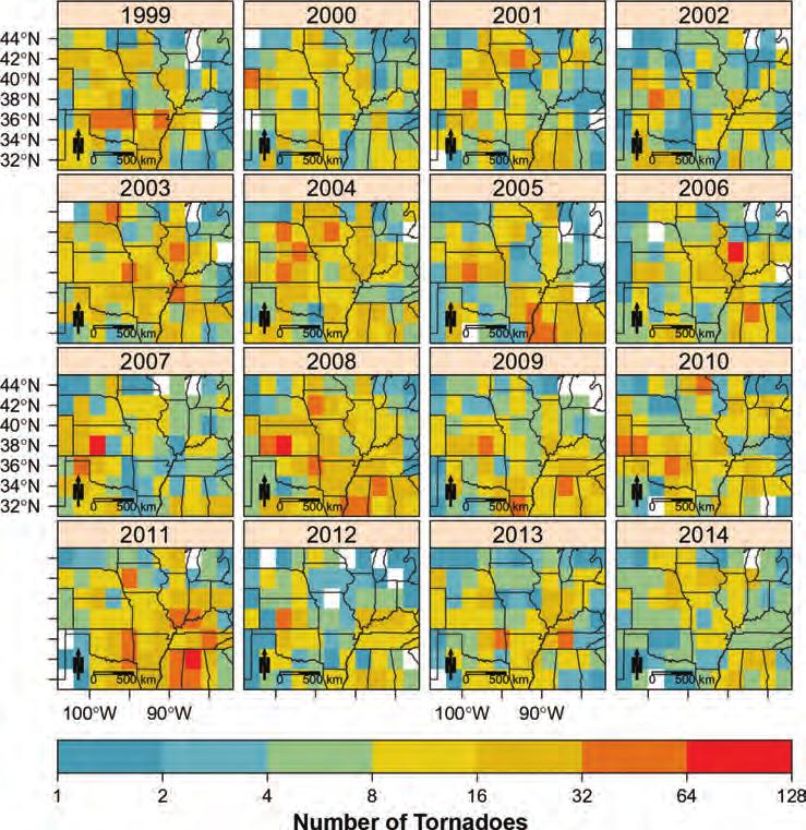 6 James B. Elsner, et al., Int. J. of Safety and Security Eng., Vol. 6, No. 1 (2016) Figure 3: Annual tornado counts over the period 1999 2014 in two-degree grid cells.
