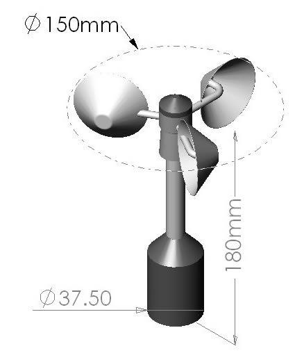 Three Cup Anemometer specifications: Range 0~55 m/s Accuracy ±2% Start Speed 1.5 m/s The Anemometer can be supplied with a 4 to 20mA Output or Pulse (switch closure).