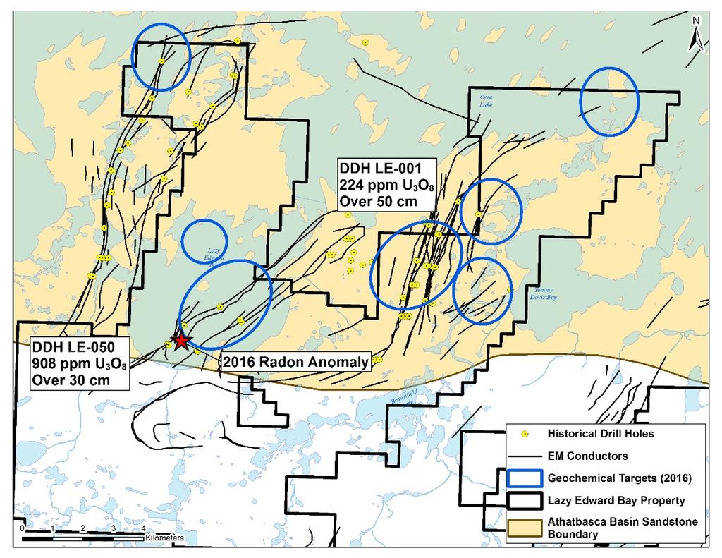 A Premier Uranium Explorer in Canada s Athabasca Basin Lazy Edward Bay Property 100% owned, 18,575 ha in 37 claims Located at the southern edge of the Athabasca Basin Historical work by SMDC in the
