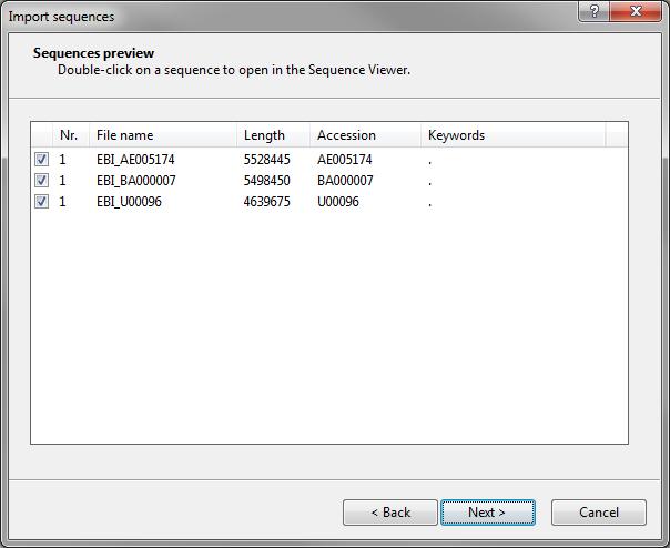 2 The import routine fetches the sequences from the selected database and shows detailed