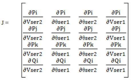 P j = V i V j B ij sin (θ j -θ i ) + V j V ser1 B jj sin (θ j -θ ser1 ) (17) Q j = -V j 2 B jj V i V j B ji sin (θ j -θ i ) - V j V ser1 B ji sin (θ j - θ ser1 ) (18) At node k: P k = V i V k B ki