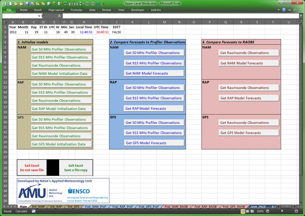 Figure 9. Main tab of the Excel GUI shows the primary user interface for selecting model data and observations to display in the other tabs of the workbook. 3.2.