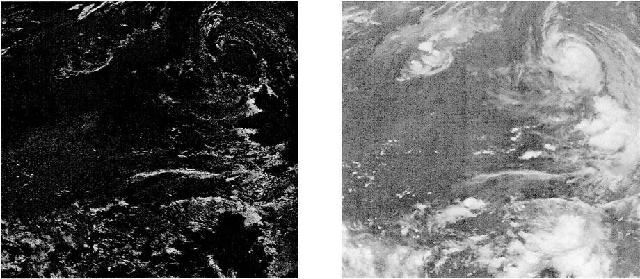 Fig 6 BTD IR (a) and IR(b) images for GMS-5 at 17z 03 Sept. 1998. Fig. 7 a IR image from NOAA at 2036z 2 Aug. 1993, b Scatter diagram of BTD IR - BT IR for high cloud region 1 in Fig.