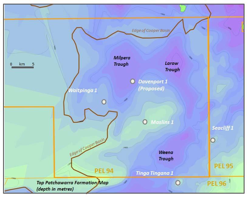 Davenport 1 will follow immediately from Marsden 1 and will target the Permian sections of the Milpera Trough in PEL 94 (Strike 35%, Beach Energy 50%, Senex Energy 15%) see Map 3.