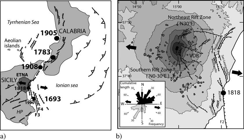 698 N. Feuillet et al. Figure 1. (a) Largest earthquakes since 1600 A.D. and active faulting in Calabria and eastern Sicily (modified from Monaco et al. 1997). Normal faults offshore from Hirn et al.