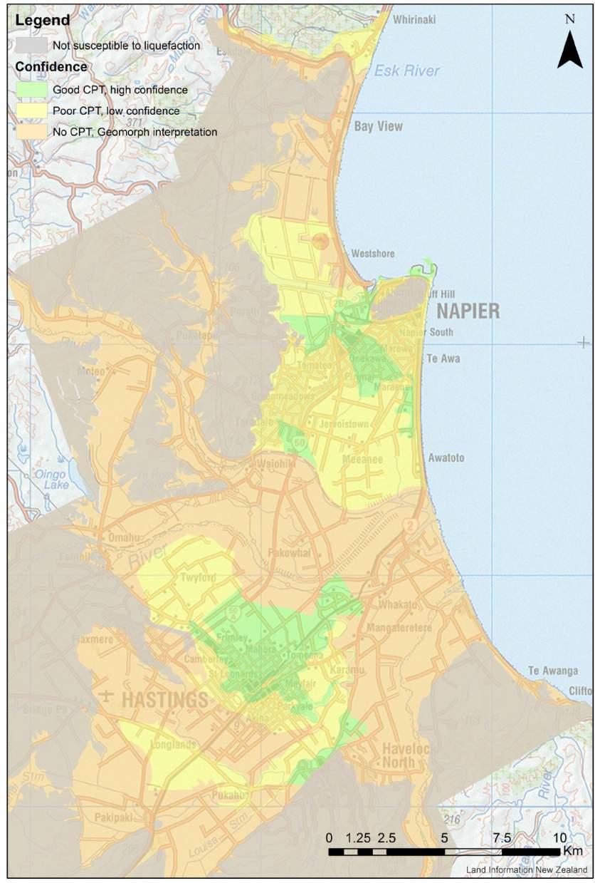 Figure 6.5 CPT spatial density as a means of providing an assessment of the reliability of the liquefaction vulnerability to be assessed for each geomorphic polygon.