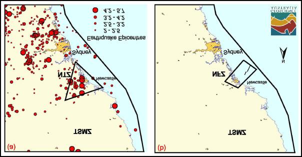 Figure 2: Seismic source model including epicentres of previous earthquakes from 1841-2000. Part (a) is the model used for generating earthquakes with moment magnitudes ranging from 3.3 to 5.