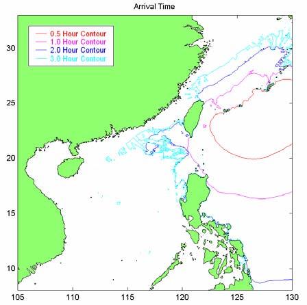 fault segment 1 along Ryukyu Trench, the generated tsunamis will affect the eastern shoreline of Taiwan in 5 minutes.