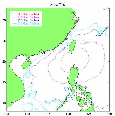 height distribution and the maximum tsunami wave heights along Taiwan shoreline are investigated to identify the fault regions most dangerous to Taiwan.