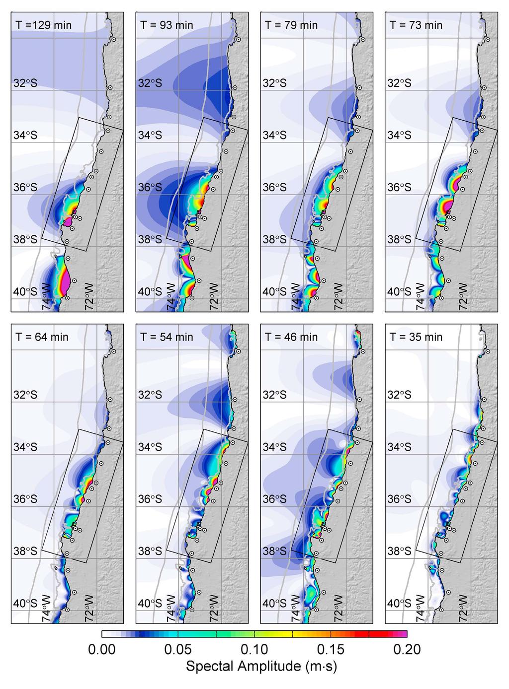 Figure 3. Amplitude of resonance oscillations along Chile coast.