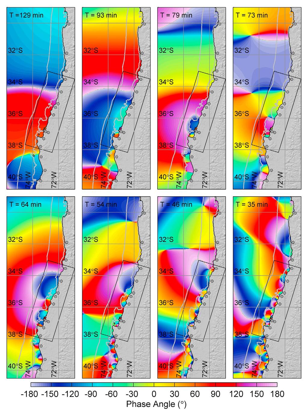Figure 4. Phase angle of resonance oscillations along Chile coast.