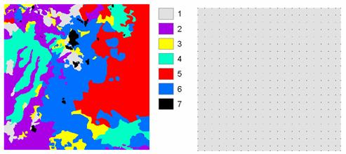 Figure 7. A reference map and a regular sample dataset of 441 points (0.5% of total pixels) (From Li and Zhang 2005a). 3.