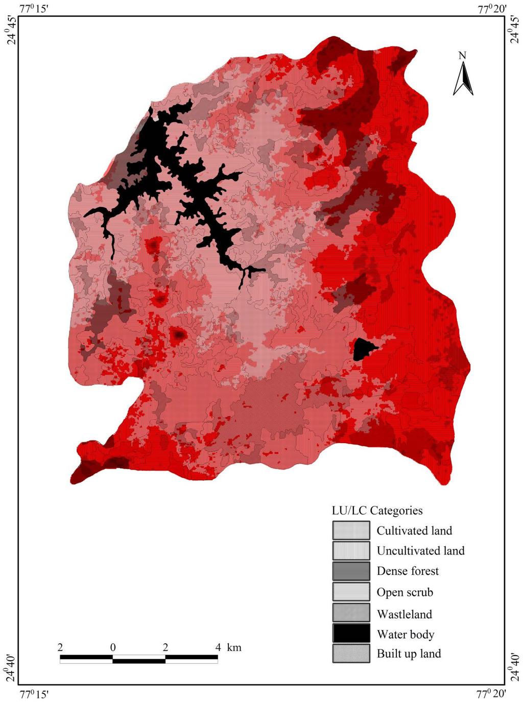 Figure 3. Land use/land cover (2001) superimposed on DEM. 6. Cultivated Land The cultivated land is recognized on FCC by its red tone, smooth texture and regular to sub-regular boundary outlines.