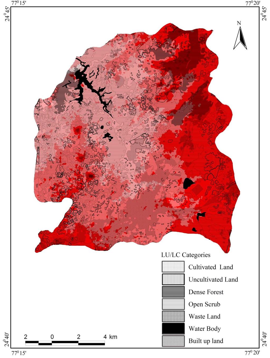 Figure 4. Land use/land cover (2011) superimposed on DEM. scrub (11.40 km 2 ), at places, in cultivated land due to availability of moisture and rest is occupied by built up land. 8.
