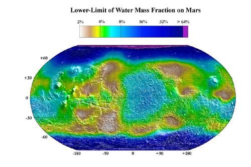 Mars water content Water-equivalent hydrogen content of sub-surface water-bearing soils derived from the Mars Odyssey neutron spectrometer Rocky planet atmospheres Atmospheres have a strong