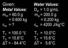 Heat Transfer Example 0.060 kg 1.4 1.4-84.6.4 0 = m m c m ΔT + m w c w ΔT - m m c m ΔT = m w c w ΔT Looks like it is Aluminum -(0.