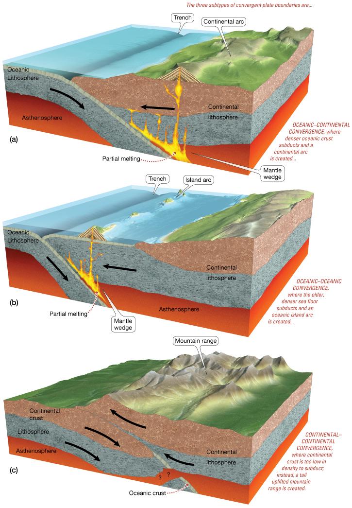 9/6/2018 Convergent Plate Boundaries Oceanic-Continental Deep sea trenches and earthquakes Denser oceanic plate subducted Volcanic Arc at edge of continent (Andes) Oceanic-Oceanic