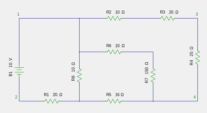 Part One Use the following circuit for questions 1-5: 1) Find the voltage a) between nodes 1 and 2 (½ point). b) between nodes 2 and 4 (½ point). c) between nodes 4 and 3 (½ point).