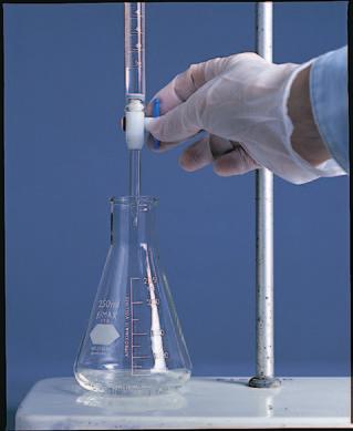 2 3 4 Fill the first buret to a point above the 0 ml calibration mark with the acid of unknown concentration.