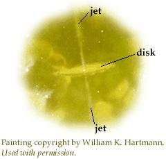 3 of 5 This portion of a painting by scientist-artist Bill Hartmann depicts the formation of the Solar System from a cloud of gas and dust. Because the cloud was spinning, it flattens into a disk.