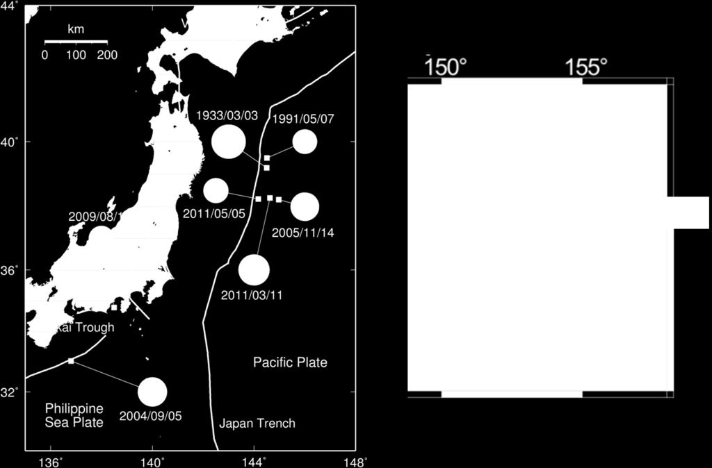 Figure 1. Map showing the epicenters and focal mechanisms of earthquakes used in this study. Table 1. Source parameters of earthquakes used in this study.