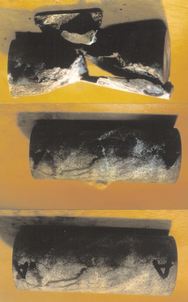 THE EFFECT OF DISCONTINUITIES ON STRENGTH OF ROCK SAMPLES noted that a shear failure propagated along these features.