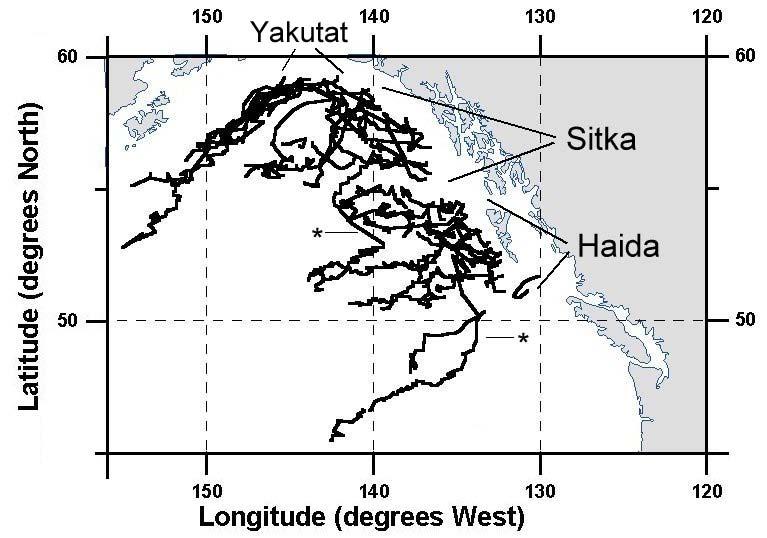 At left: Tracks of significant Sitka-type Eddies from 1992 to 2002.