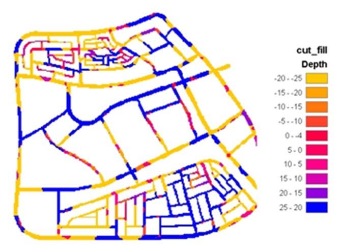 Figure 7. Map of the cut and fill depths for the city road network. The gradual dark gray areas show fill starting from 25 upto zero meters depth of fill.