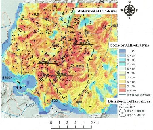Figure 12. Risk map on earthquake-induced landslides based on AHP method (Japan Landslide Society, 2014, [7]) The AHP-score is displayed in 10 levels from 0-10 to 90-100 in Fig.12.Actually, the analysis result shows that most of landslides occur in the area with the score higher than 70.