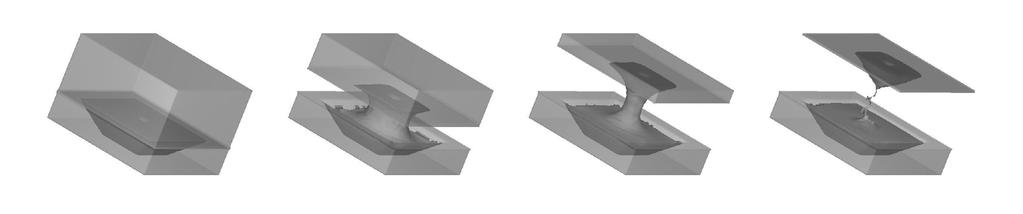 Figure 2. Emptying of gravure cell (same cell dimensions as filling case); a three-dimensional perspective is shown. The transfer roll surface (block at top) is moving away from the gravure roll at 0.