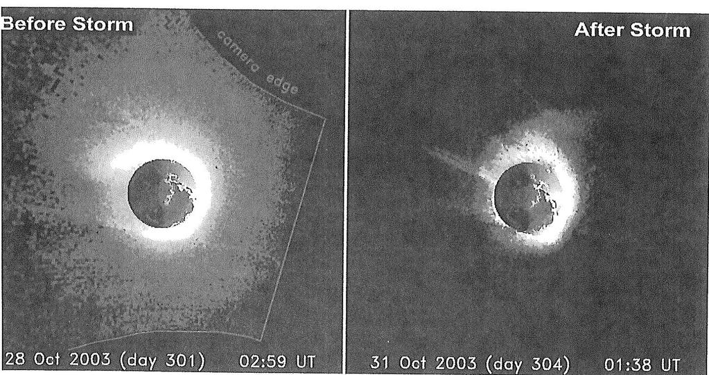 Satellite observations of the erosion of the plasmasphere during a storm, from observations by the IMAGE satellite before and after the Halloween storm
