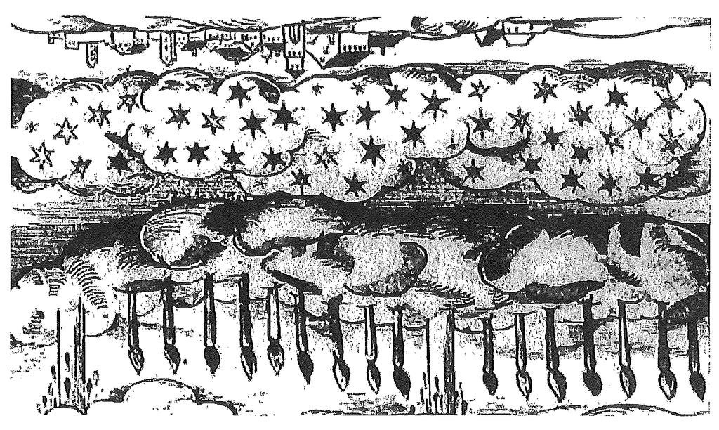 Early drawing of the aurora, depicted as candles in the sky; c.