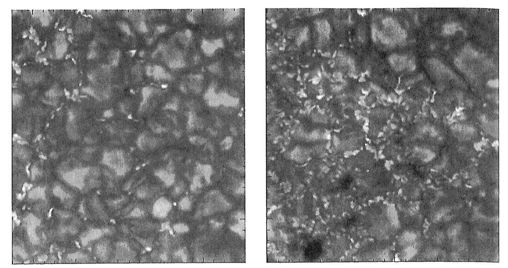 The image on the left shows a typical quiet photospheric region (a network region) observed in the G-band with the Swedish 1 meter Solar Telescope.