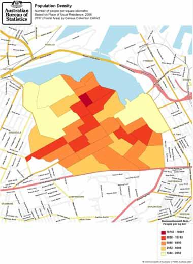 Population Density, 2006 Postal area 2037 Glebe Choropleth mapping