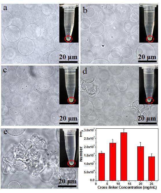 (f) The production of proteinosomes prepared at different concentrations of cross-linker from 2.5 to 25 mg/ml.