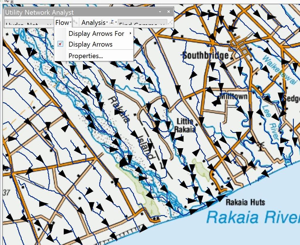 Add an Edge Flag on a riverline at the mouth of the Rakaia River and select Trace Upstream from the Trace Tasks toolbar.