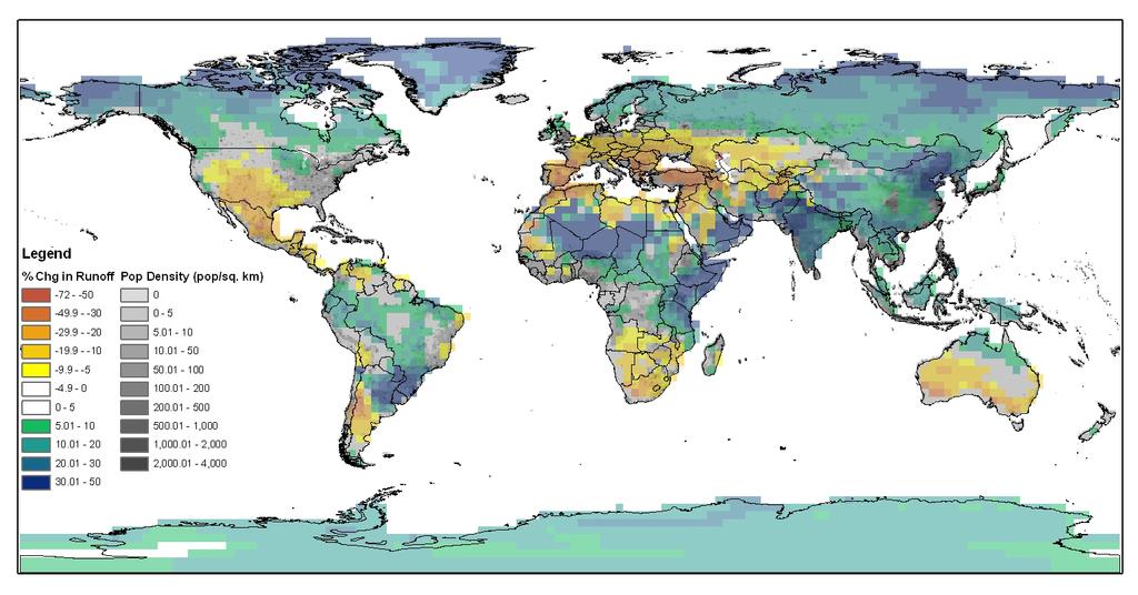 Blue Areas Will See Increases in River Runoff >400m people live in areas where river runoff will decline by more than 20% Source: Adamo and de Sherbinin (2009).