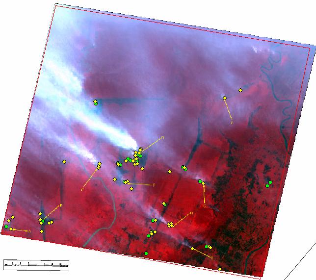An example: 19 Aug 2002 Central Kalimantan SPOT acquisition: 02:58 UTC MODIS acquisition 03:15