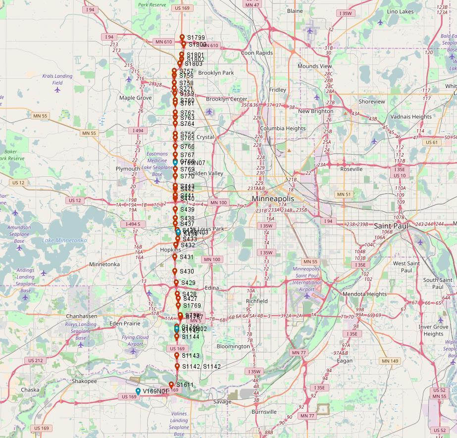 Fig. 3.2: US 169 NB with all detector stations (Total 47 stations). Traffic data are collected from the detector stations in each corridor.