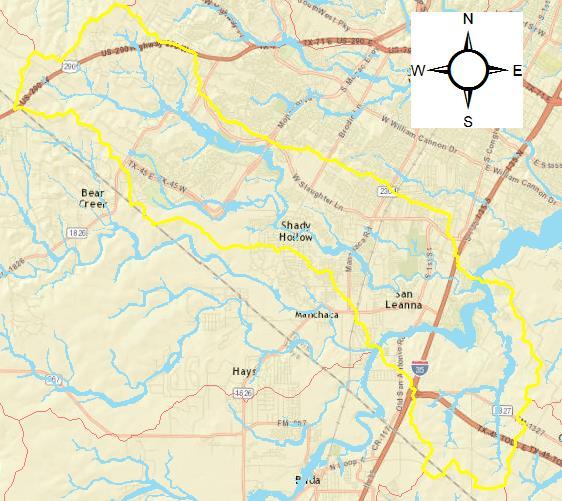 Study Site: Onion Creek Figure 2: Map showing the outline of Onion Creek (yellow outline) overlaid on an ArcGIS base map of streets.