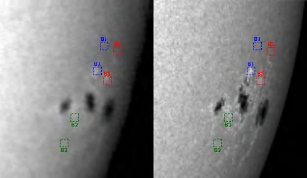 WL emission of flares and plages 9 Figure 7. Top row: Images at 08:08:17 UT and 08:02:10 UT, from Coimbra spectrograph and HMI/SDO are shown in the left and right panels, respectively.