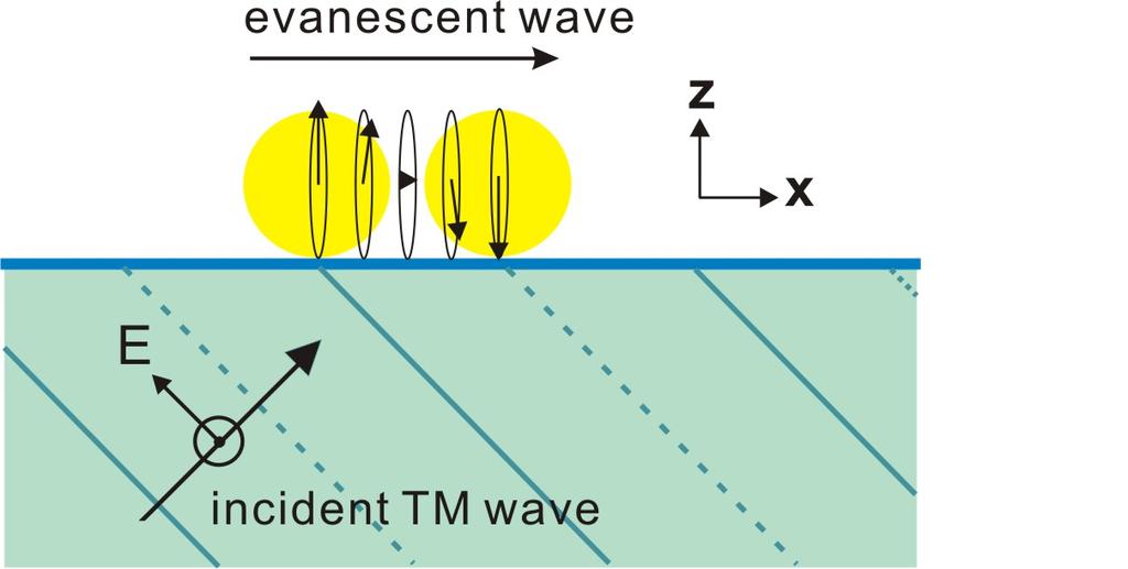Using TM-polarized incident light, the evanescent field is elliptically polarized in the x-z plane, and produces z- and x-polarized evanescent intensities in a 9:1 intensity ratio.